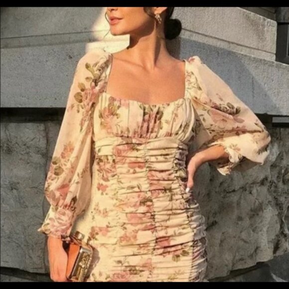 Zara Floral Print Draped Ruched Dress Blogger Favorite Womens Size Large - Picture 2 of 13